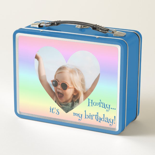 Cute Birthday Name Photo Pastel Rainbow Heart Blue Metal Lunch Box (Back)