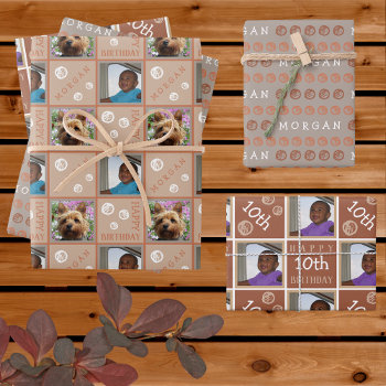 Cute Birthday Neutrals 3 Photo Any Age Add Name Wrapping Paper Sheets by ArtfulDesignsByVikki at Zazzle