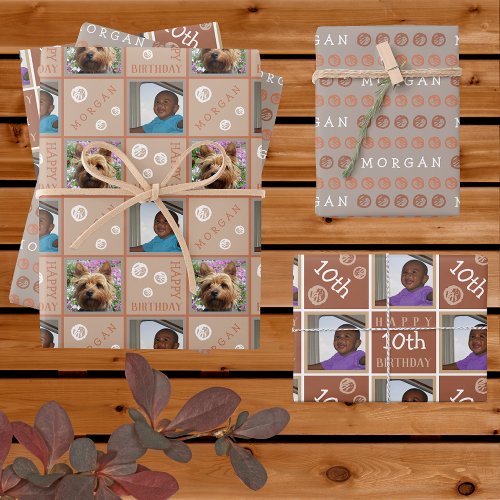 Cute Birthday Neutrals 3 Photo Any Age Add Name Wrapping Paper Sheets