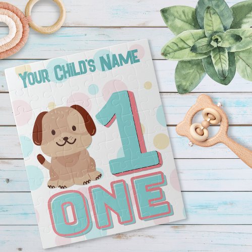 Cute Birthday Number One Dog Kid Name Jigsaw Puzzle