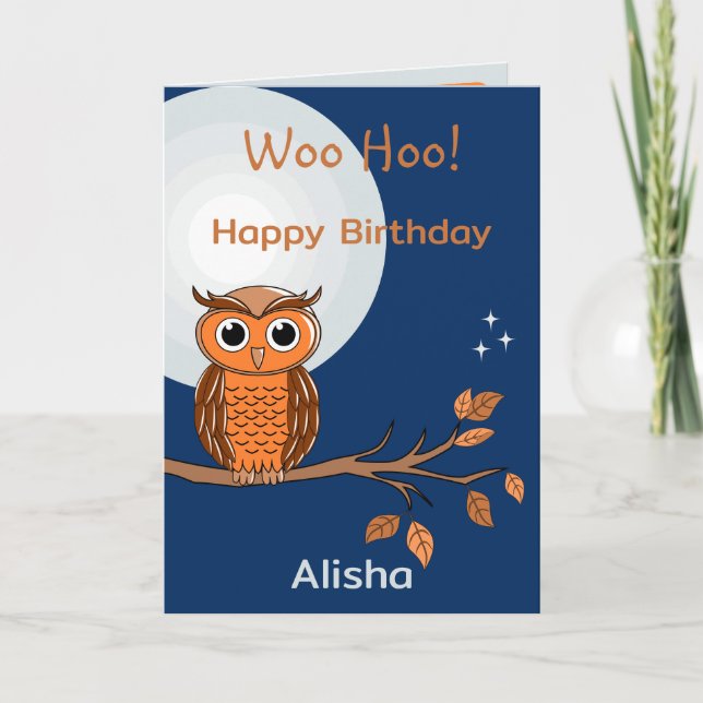 Cute Birthday Owl and Moon Folded Greeting Card (Front)