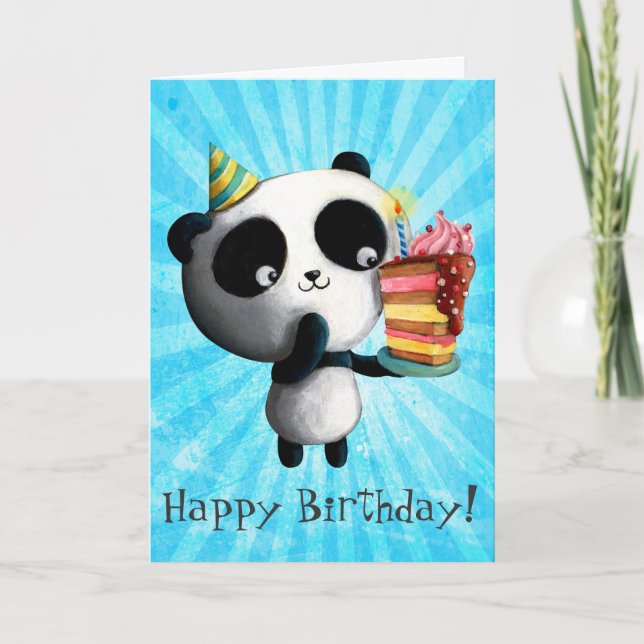 Cute Birthday Panda with Cake Card (Front)