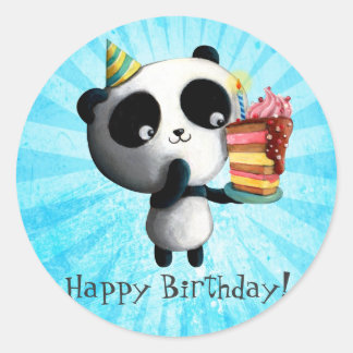 Cute Birthday Panda with Cake Classic Round Sticker