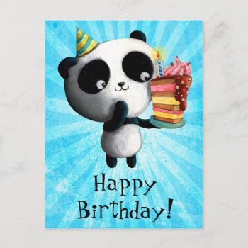 Cute Birthday Panda With Cake Postcard by partymonster at Zazzle