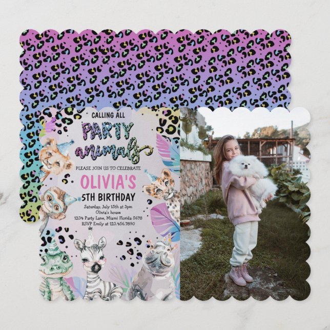 Cute Birthday Party Animals Photo Invitation (Front/Back)