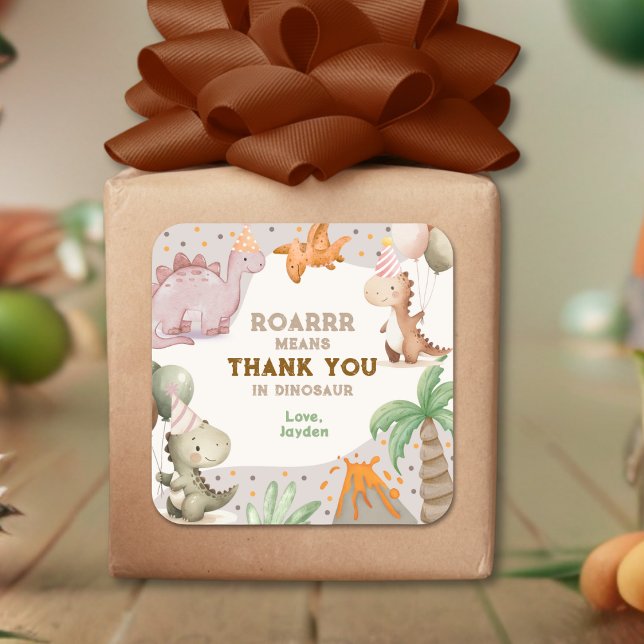 Cute Birthday Party Dinosaur Thank You Square Sticker (Creator Uploaded)