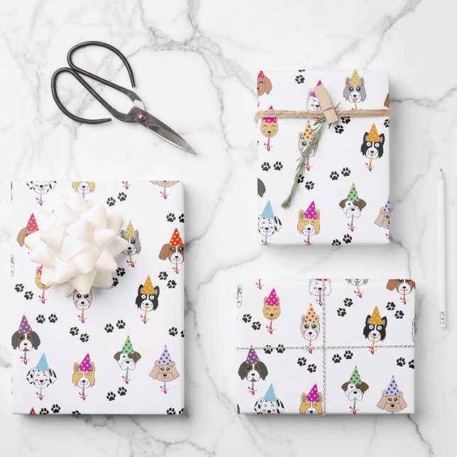 Cute Birthday Party Dogs Pattern Wrapping Paper Sheets (Front)