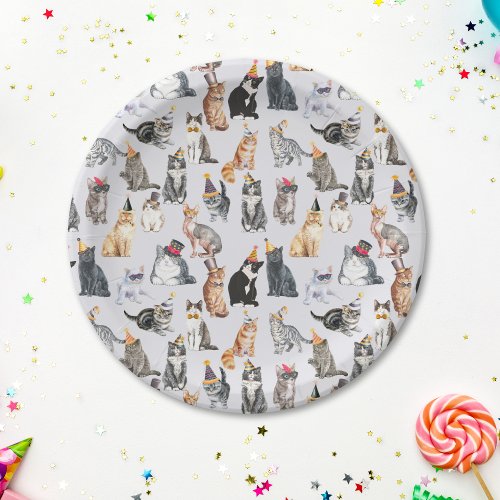 Cute Birthday Party Hat Cats Pattern Paper Plates