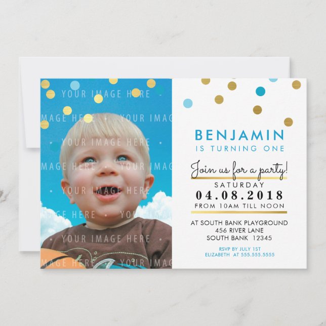 CUTE birthday party INVITE blue faux gold spot boy (Front)