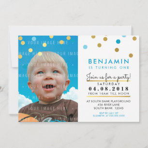 CUTE birthday party INVITE blue faux gold spot boy