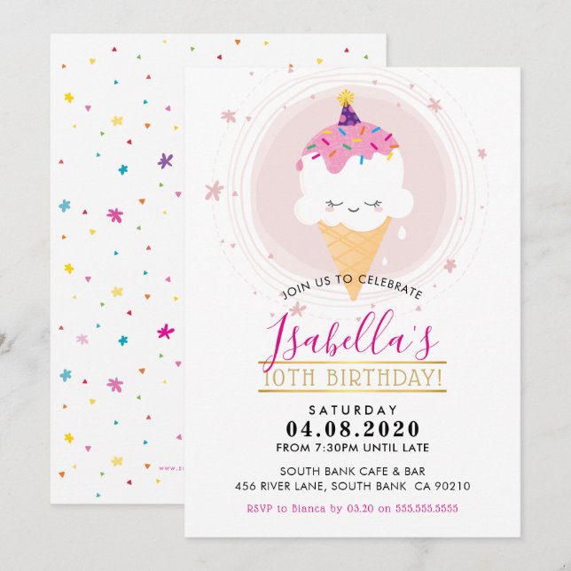 CUTE BIRTHDAY PARTY INVITE kawaii icecream cone (Front/Back)