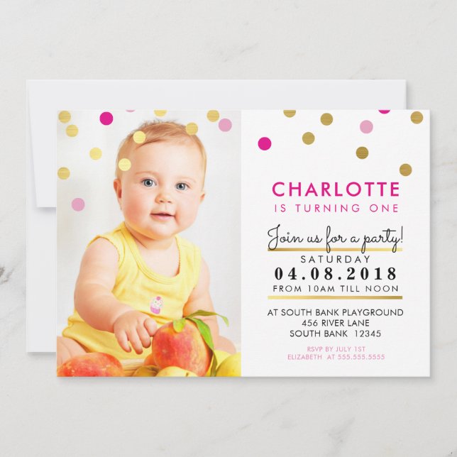 CUTE birthday party INVITE pink gold spot girl (Front)