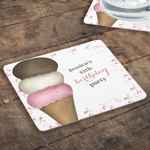 Cute Birthday Party Whimsical Ice Cream Cone  Square Paper Coaster