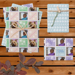 Cute Birthday Pastels 3 Photo Any Age Add Name Wrapping Paper Sheets