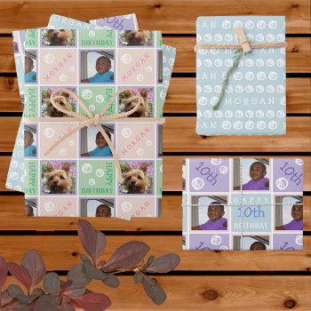 Cute Birthday Pastels 3 Photo Any Age Add Name Wrapping Paper Sheets by ArtfulDesignsByVikki at Zazzle