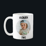 Cute Birthday photo and age mug for kids family<br><div class="desc">This simple but cute mug features an image of your choosing with his or her name ontop and her age on the bottom. These make for great keepsakes and a new mug can be added each year.  Simple,  modern,  minimalistic. Ideal gifts for yourself,  grandparents,  aunts,  uncles etc.</div>