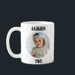 Cute Birthday photo and age mug for kids family<br><div class="desc">This simple but cute mug features an image of your choosing with his or her name ontop and her age on the bottom. These make for great keepsakes and a new mug can be added each year.  Simple,  modern,  minimalistic. Ideal gifts for yourself,  grandparents,  aunts,  uncles etc.</div>
