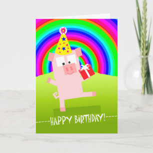 Cute Birthday Pig Under a Rainbow Sky Card