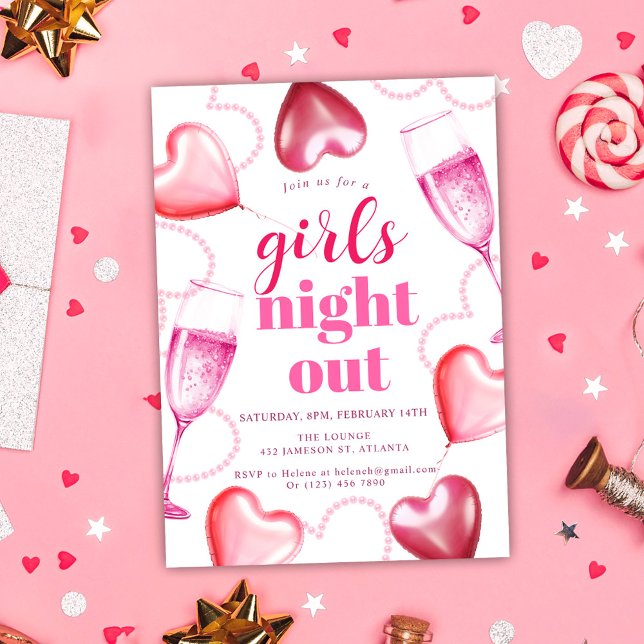 Cute Birthday Pink Hearts Girls Night Out Party Invitation (Cute Birthday Elegant Pink Girls Night Out Party Invitation)