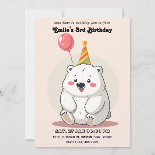 Cute Birthday Polar Bear with Party Hat Invitation