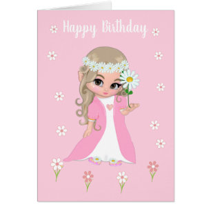 Cute Birthday Princess with Flowers on Light Pink Cards