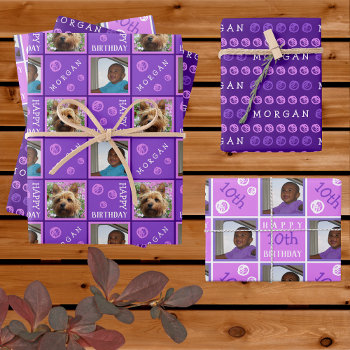 Cute Birthday Purple 3 Photo Any Age Add Name Wrapping Paper Sheets by ArtfulDesignsByVikki at Zazzle