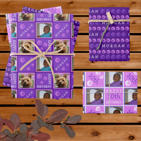 Cute Birthday Purple 3 Photo Any Age Add Name Wrapping Paper Sheets