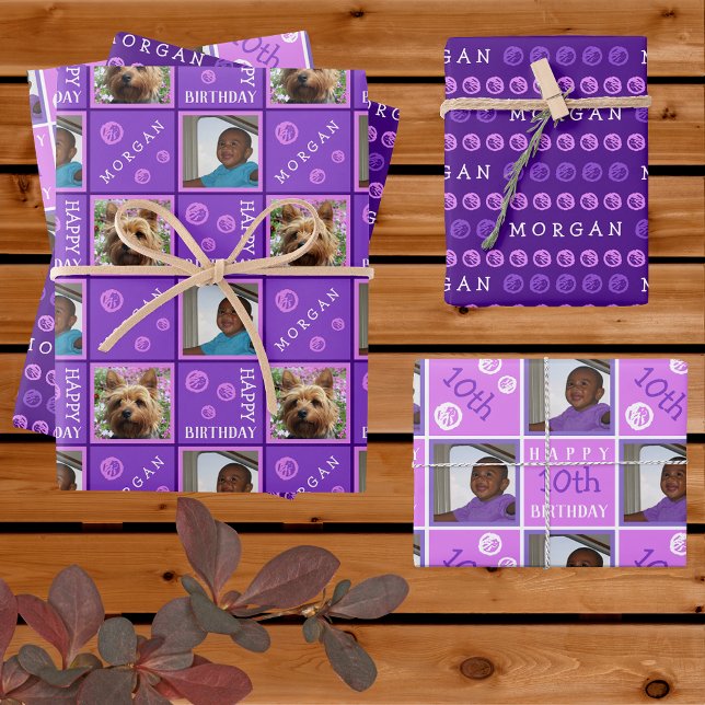 Cute Birthday Purple 3 Photo Any Age Add Name Wrapping Paper Sheets (Creator Uploaded)