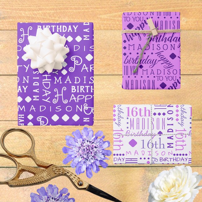 Cute Birthday Purple Any Age Add Childs Name Wrapping Paper Sheets (So easy to customize, these typography Birthday wrapping paper sheets will bring WOW to the party.)