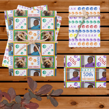 Cute Birthday Rainbow 3 Photo Any Age Add Name Wrapping Paper Sheets by ArtfulDesignsByVikki at Zazzle