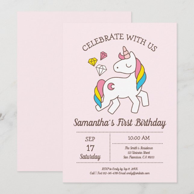 Cute Birthday Rainbow Unicorn Invitation (Front/Back)
