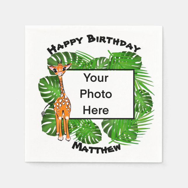 Cute Birthday Safari giraffe  | tropical forest   Napkins (Front)