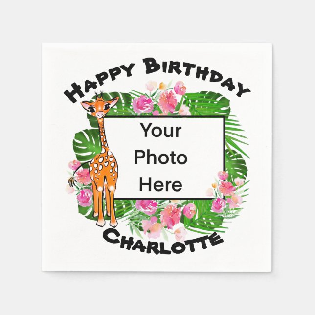 Cute Birthday Safari giraffe  | tropical forest  Napkins (Front)