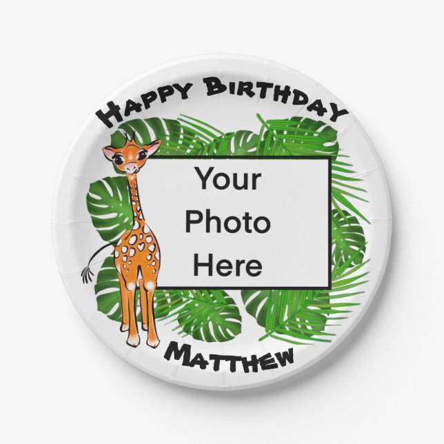 Cute Birthday Safari giraffe  | tropical forest  Paper Plates (Front)