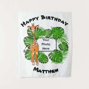 Cute Birthday Safari giraffe    tropical forest Ta Tapestry