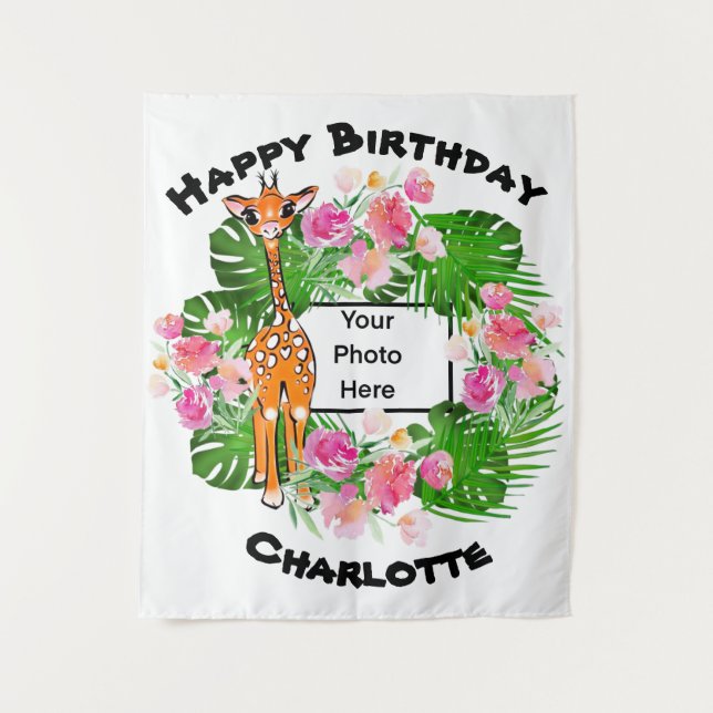 Cute Birthday Safari giraffe  | tropical forest Tapestry (Front)