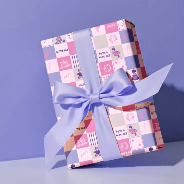 Cute Birthday Squares – Pink modern Pattern Wrapping Paper Sheets (Creator Uploaded)