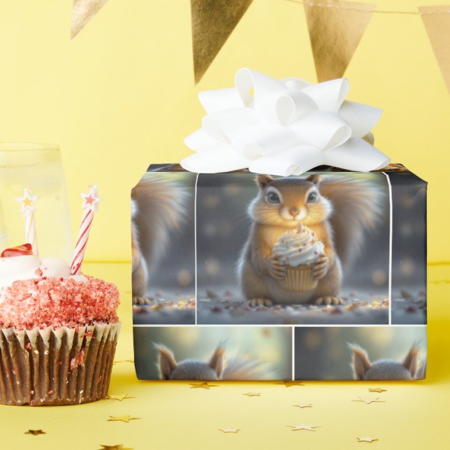 Cute Birthday Squirrel With Cupcake Wrapping Paper (Birthday Party)