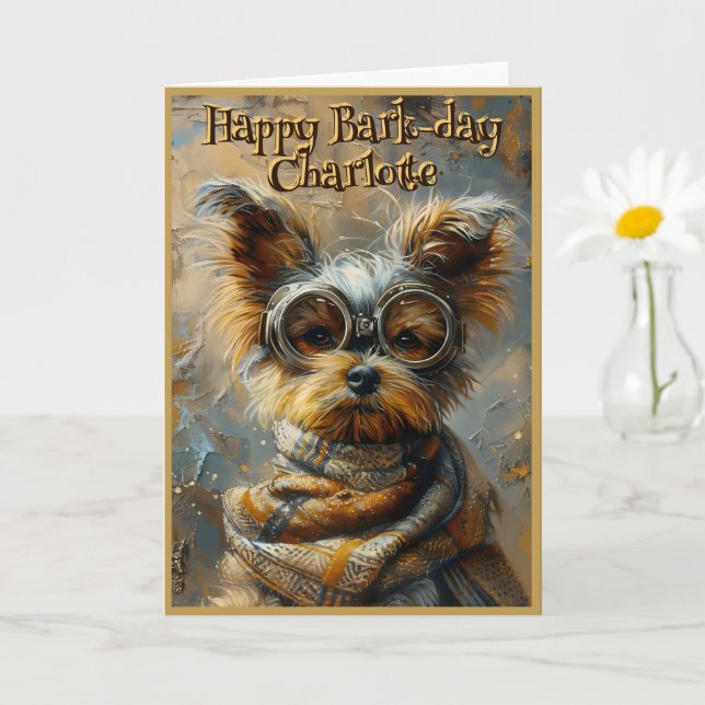 Cute Birthday Steampunk Yorkie Custom Name 163 Card (Small Plant)