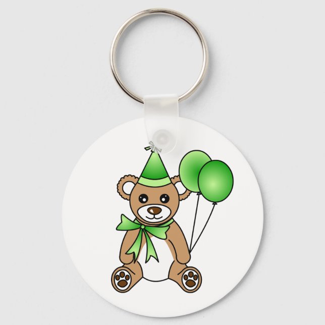 Cute Birthday Teddy Bear - Green Keychain (Front)