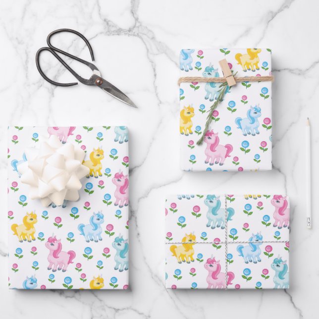 cute Birthday tiled unicorns girls party  Wrapping Paper Sheets (Front)
