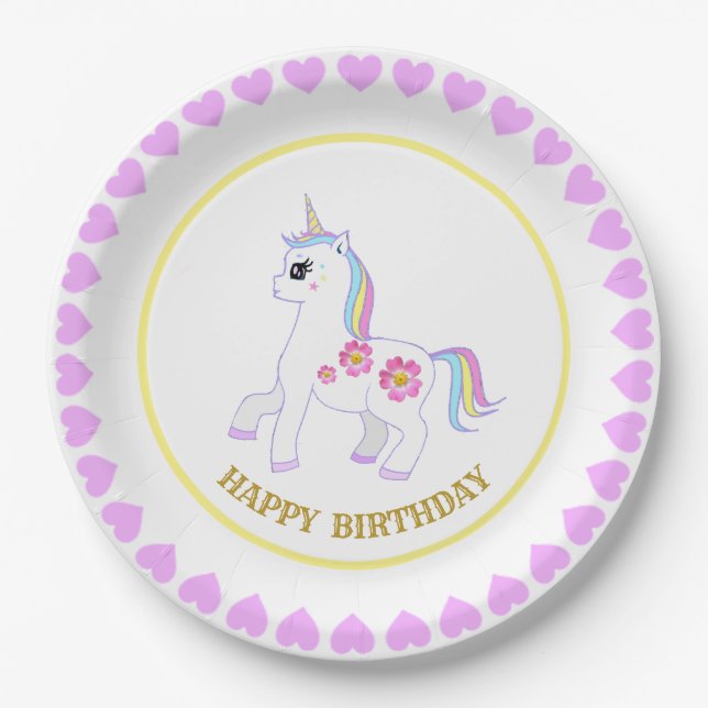 Cute Birthday Unicorn Paper Plates (Front)