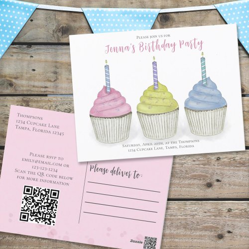 Cute Birthday Watercolor Cupcakes QR Code Website Postcard