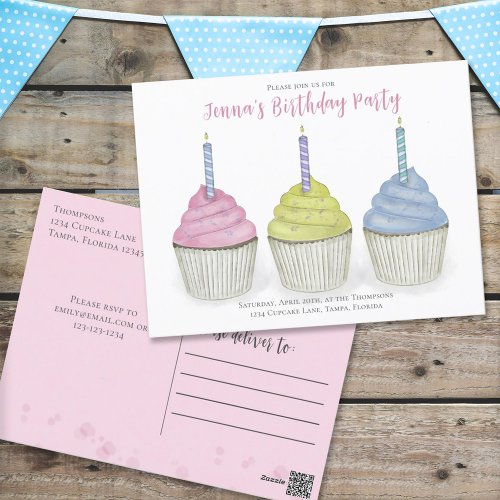 Cute Birthday Watercolor Cupcakes Whimsical Sweet Postcard