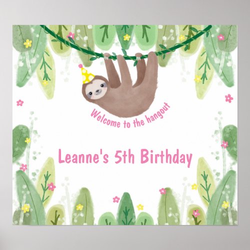 Cute birthday welcome sloth in party hat poster