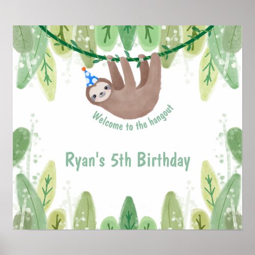 Cute birthday welcome sloth in party hat poster