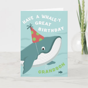 Cute Birthday Whale in Party hat for Grandson Card