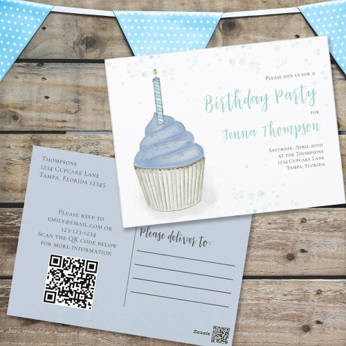 Cute Birthday Whimsical Blue Cupcake QR Code Postcard