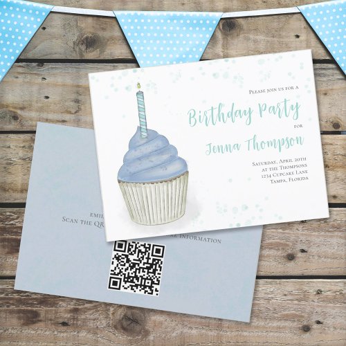 Cute Birthday Whimsical Blue Cupcake Simple Invitation
