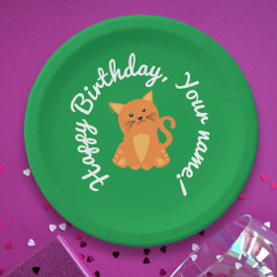 Cute Birthday Wish  With Orange Kitten On Green Paper Plates
